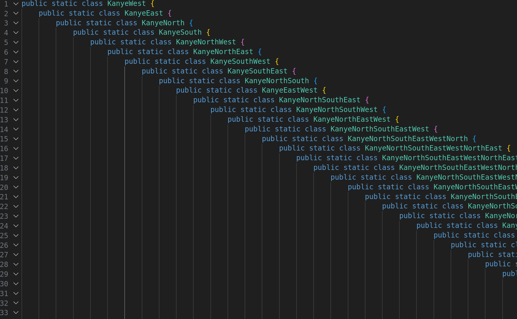 C# code of recursive classes named "KanyeWest", "KanyeEast", etc. for several lines C# code of recursive classes named "KanyeWest", "KanyeEast", etc. for several lines
